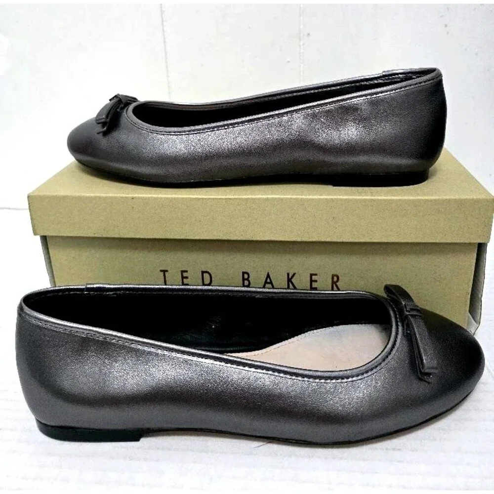 Ted Baker Gunmetal Leather Bow Ballerina Flat Shoe Women's Noraih 40 US 9.5